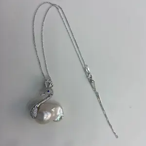 Natural Freshwater Pearl Large Baroque Pearl Design Peacock Pendant Necklace 17.5 Inches Cute Classic Jewelry