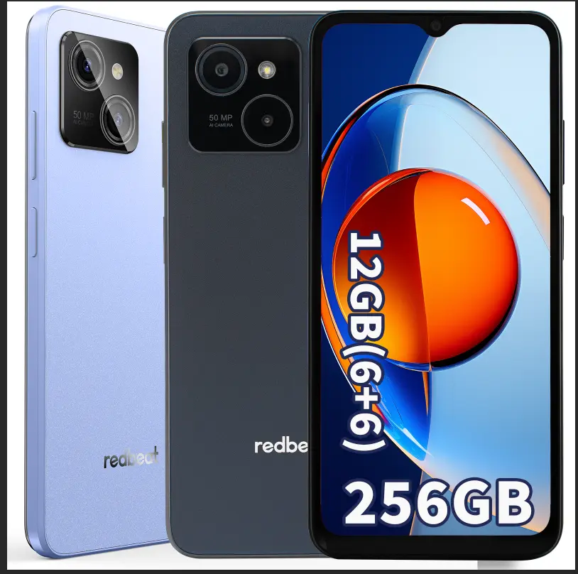 Redbeat E3 Android 14, 12GB(6+6) RAM+256GB ROM, GAMING, Octa-Core Processor, 6.6HD INCH SCREEN，5O MILLION AI MAIN CAMERA，5000mAh Battery, 4G LTE Dual SIMMINIMALIST AESTHETICS，GLOBAL 4G FREOUENCY BAND, Fingerprint Lock