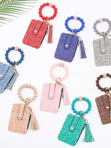 Leopard Print PU Leather Wallet Keychain for Women, Wooden Bead Bracelet, Silicone Pearl Credit Card Holder, Boho Style Accessories