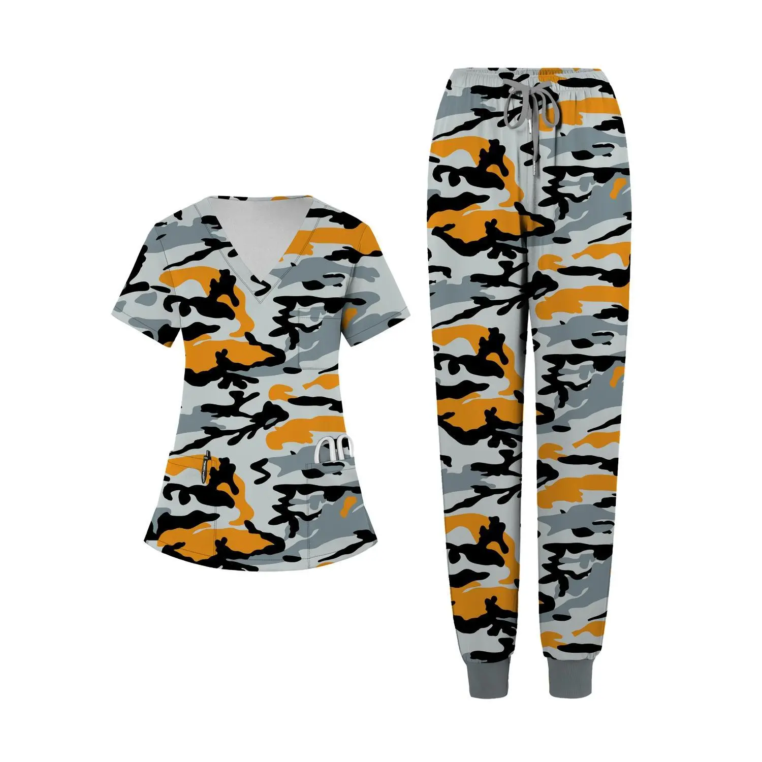 Women's 2-Piece Camouflage V-Neck Uniform Set with Breathable Pocket Top and Tied Ankle Pants