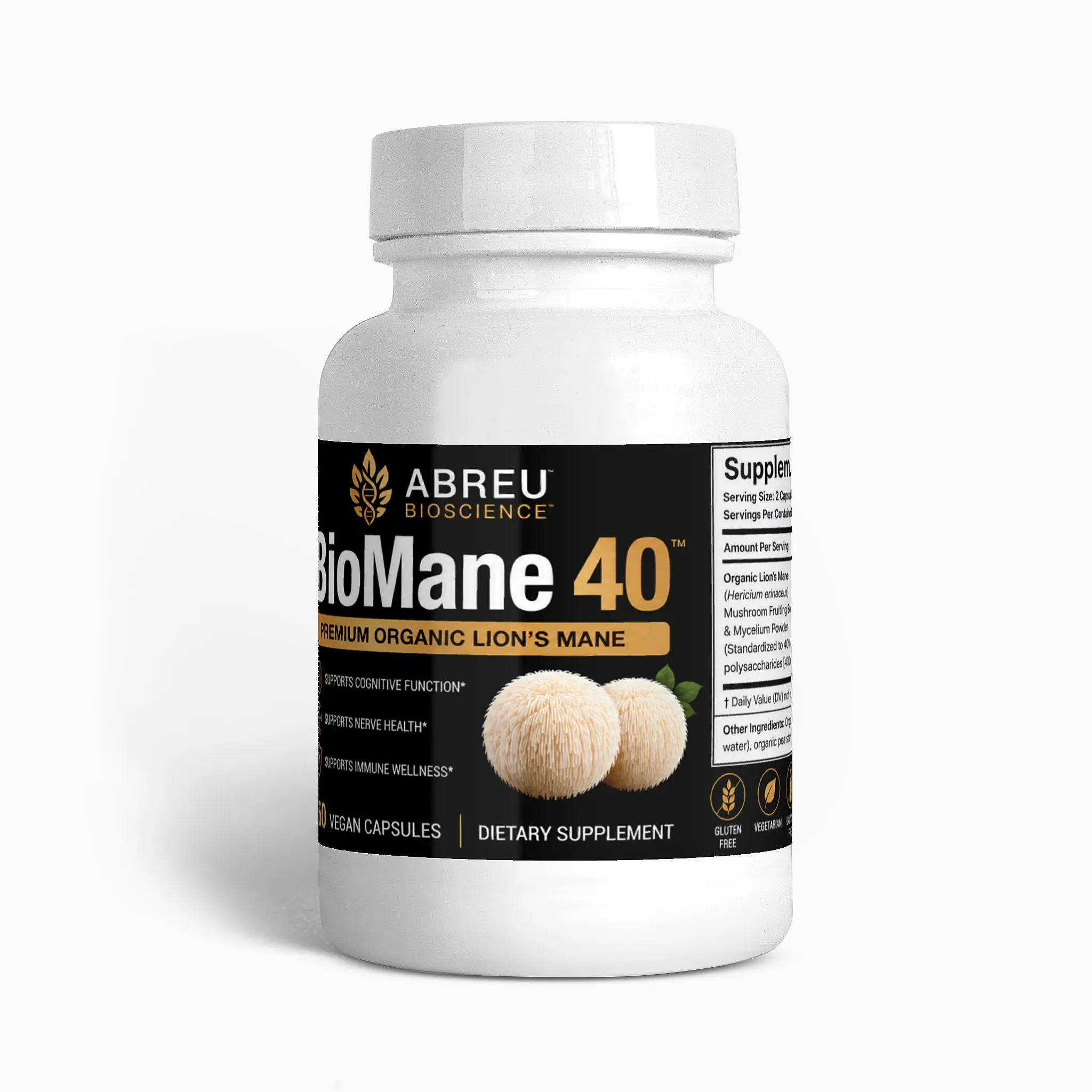Abreu BioScience Lion's Mane Mushroom Wellness Supplement, Health & Nutrition Support