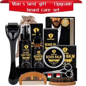 Upgraded Beard Grooming Kit - Conditioner, Oil, Brush, Comb, Balm, Scissors, Storage Bag for Beard and Mustache Trimming, Perfect  Gifts for Men, Dad, Husband,Boyfriend