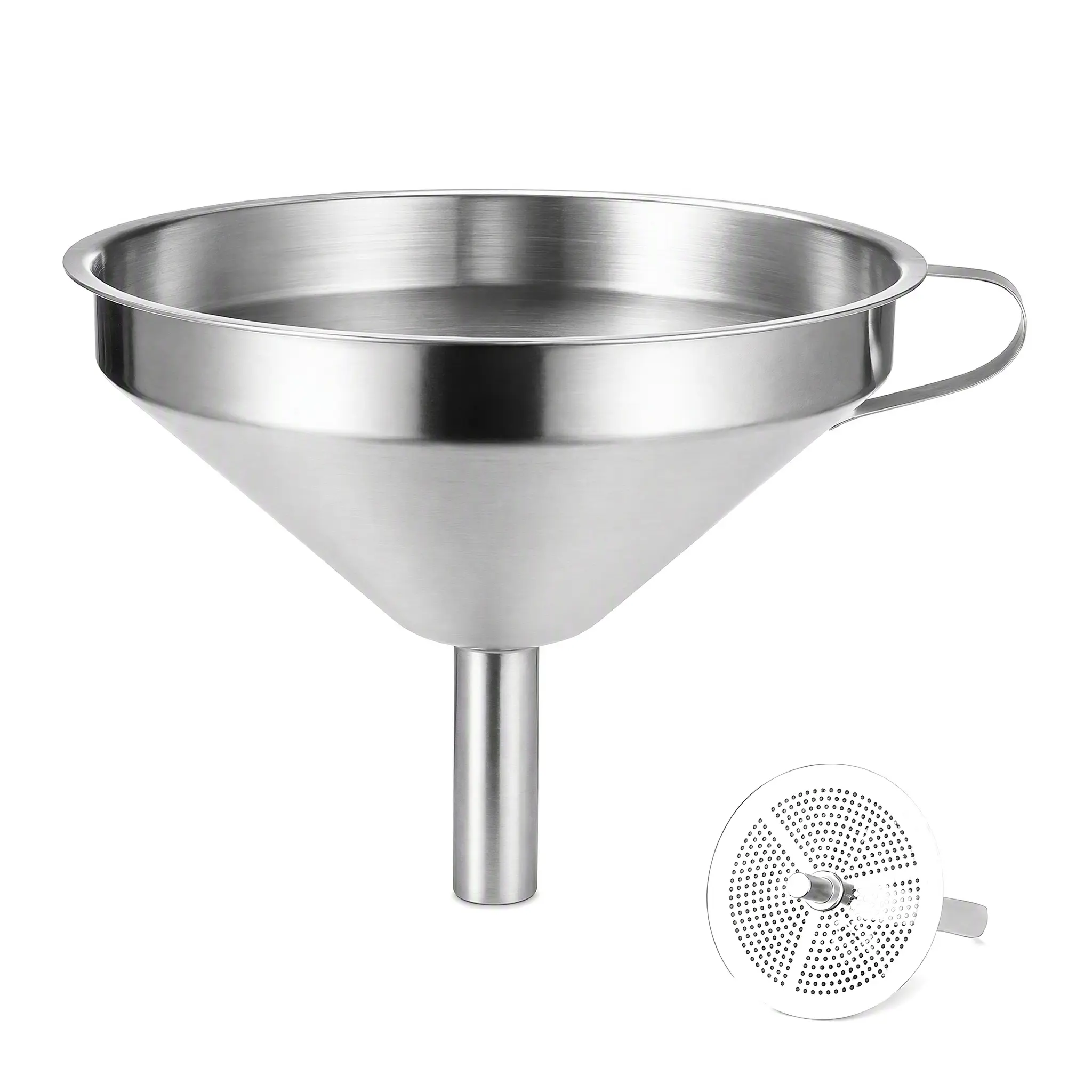 Food Grade Stainless Steel Conical Kitchen Funnel - Solid Metal Tool with Removable Mesh Strainer, Side Handle, Spill-Free Pour for Oil, Wine, Canning, Easy Clean Storage, Canning Tool