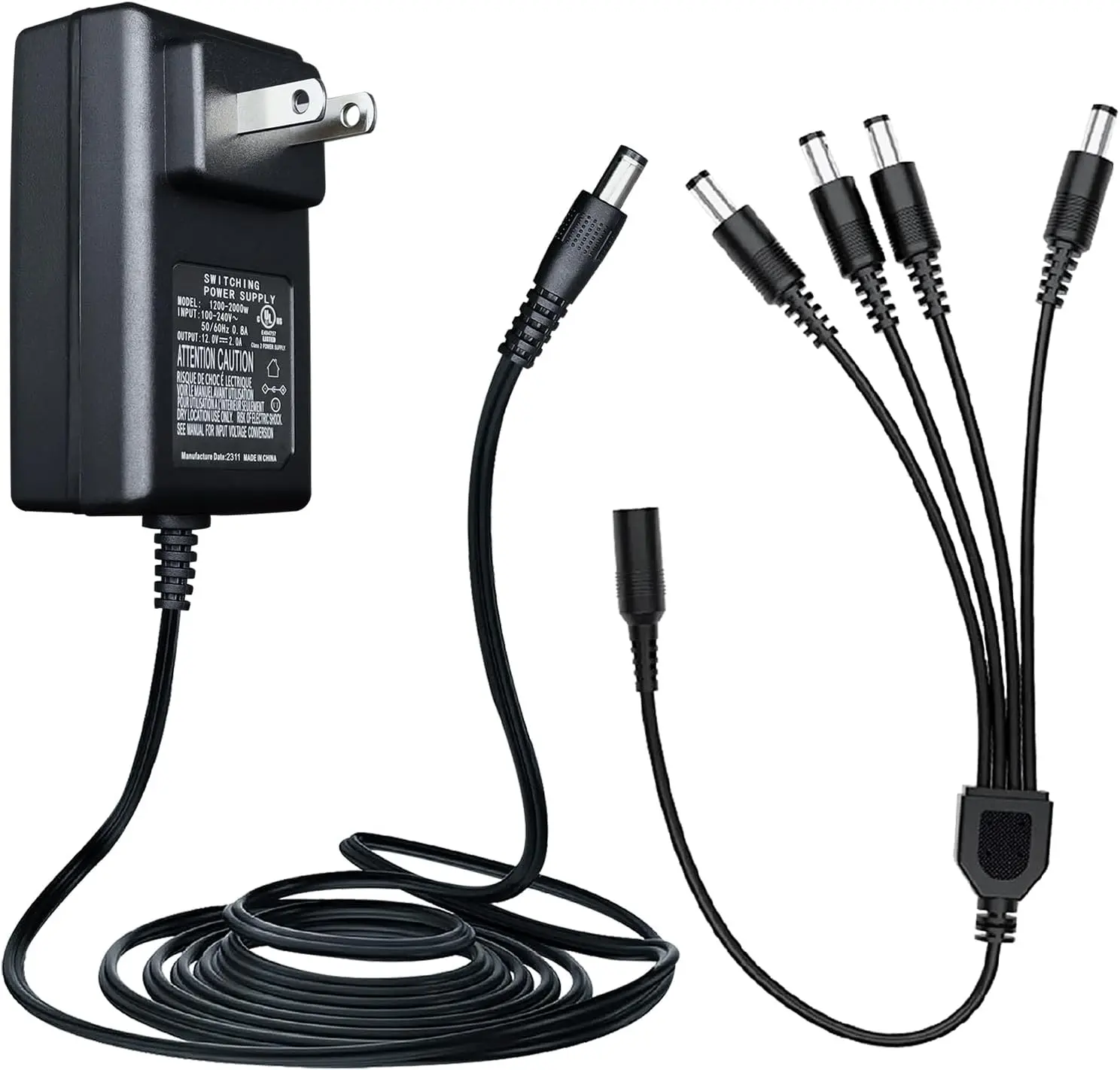 Power Adapter AC 100-240V to DC 12V 2A (2000mA) & 4-Way Power Splitter  for CCTV  Camera/DVR/NVR/LED Strip Lights, UL/FCC/CE Certificated