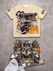 Aesthetic Racing Graphic Tee & Camo Shorts Set Men's Casual Summer Streetwear Streetwear Motorsport, Retro Racing, Woodland Camo, Vintage Distressed, Edgy Casual