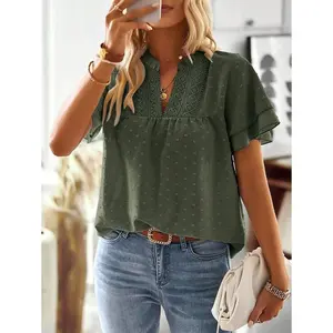 Solid Color Lace Patchwork Notched Neckline Shirt,Short Sleeve Tops