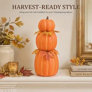 1 Pc 16Inch Artificial Pumpkin Tower, Classic Fall Style, Three-Tier Pumpkin with Maple Leaves, for Tabletop Mantel Entryway Decor