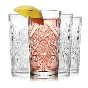Libbey Hobstar Cooler Glasses, Cut Glass Drinking Glasses Set of 4, Hi-Ball Textured Drinking Glasses, 16 oz Cocktail Glass Set for Soda, Mixed Drinks