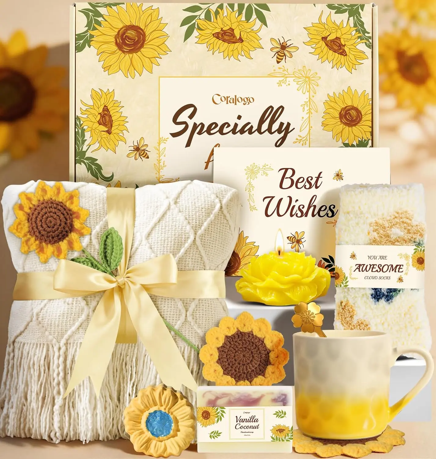 Coralogo Women's 10PC Sunflower Themed Thoughtfully Curated Gift Box Set - Adult Aromatherapy Ceramic Scented Candle, Knit Blanket, Greeting Card, Decoration for Mom's Birthday, Get Well Soon Pampering Kits