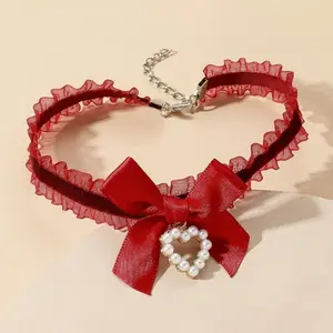 Women's Sports & Outdoor Accessory Ruffle Lace Bow Choker Necklace - Adjustable Chain, Pearl Heart Pendant, Coquette Neck Ornament, Accessories for Women