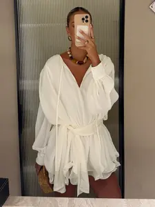 French Holiday Style V-Neck Lantern Sleeve Casual Loose Shirt Dress, Elegant Women's Tie Waist Ruffle Hem Dress, Fashionable and Comfortable