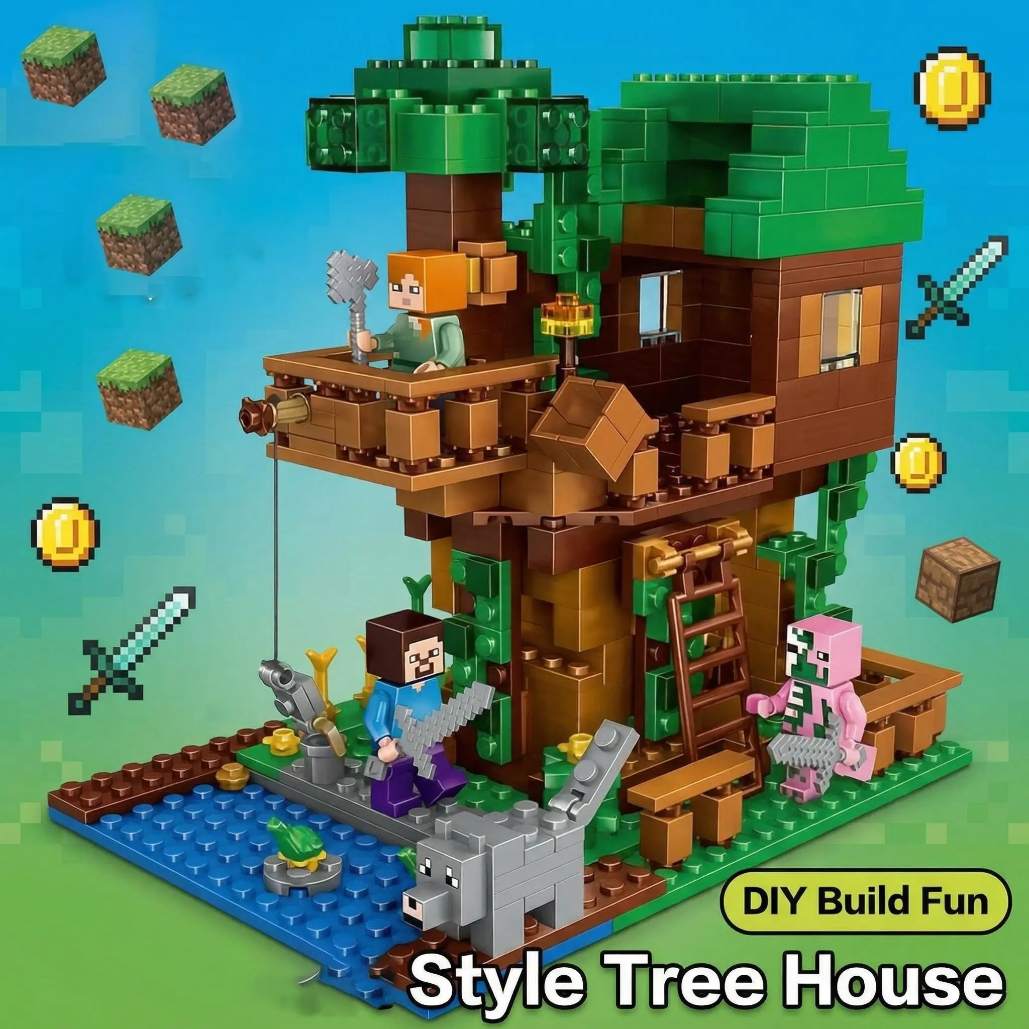 200+pcs Treehouse Building Kit, Creative Building Set, Interlocking Building Block, Building Block Sets, Buildable Blocks Kit, DIY Assembly Toy Model, Stress Relief Gift, Collectible Decoration, Birthday Present for Game Enthusiasts, Building Blocks Sets