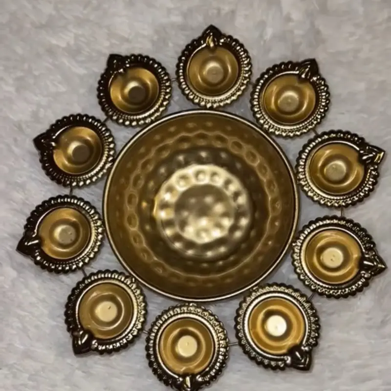 Bras Thali with Diyo Perfect for Diwali - Decorative Brass Plate with Circular Design and eleven Diyas
