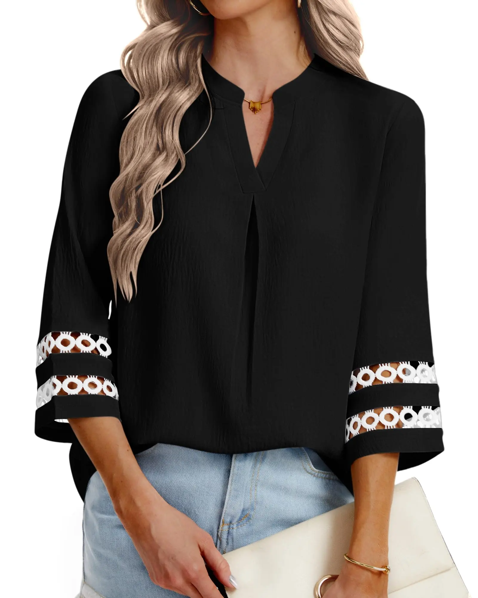 AUSELILY 3/4 Length Sleeve Womens Tops Casual Dressy Blouses 2026 Trendy V Neck Summer Pleated Work Shirts
