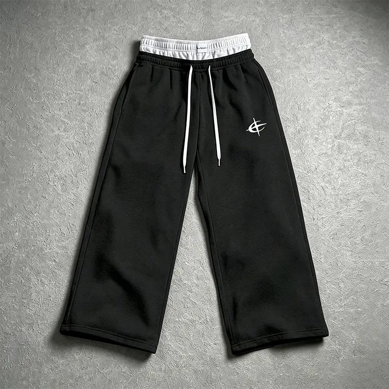 Casual street style straight leg loose sports sweatpants, fashionable double waisted drawstring embroidery suitable for versatile men's and women's casual pants Breathable Sporty Bottoms Soft Jogger Trousers Athleisure Fitness Leggings