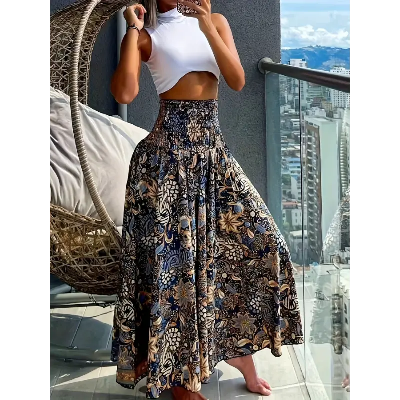 NewBoho Floral Print Shirred Waist Pants, Casual & Versatile High Waist Pants For Spring & Summer, Women's Clothing Leg Fabric(Gift)11