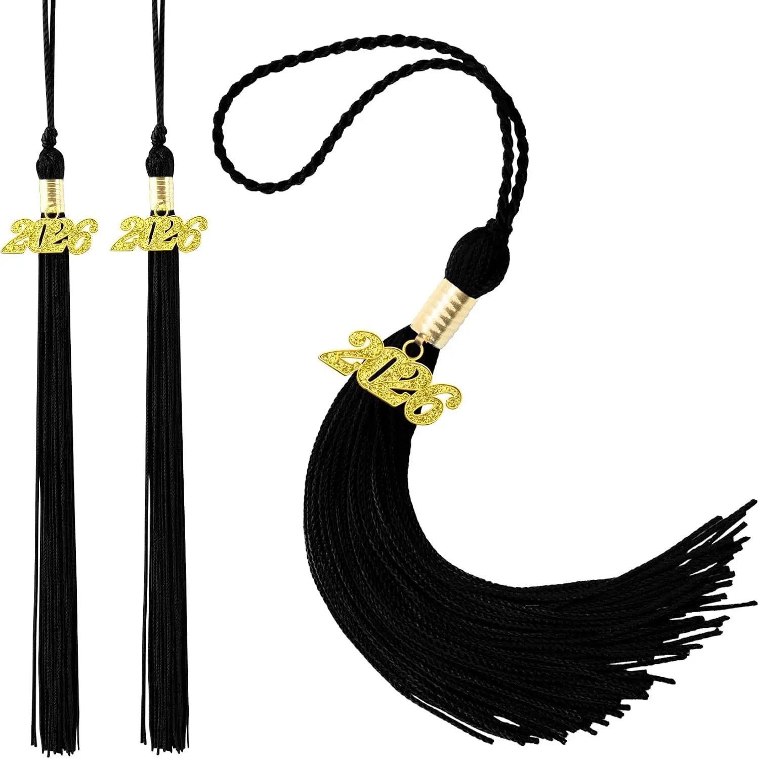 2 pcs 2026 Graduation Tassels, Black Tassel 2026 Grad with Gold Charm, 2026 Graduation Cap Decorations, Black Tassels for Cap 2026 Tassel Charm, Class of 2026 Decor Grad 2026 High School Gifts