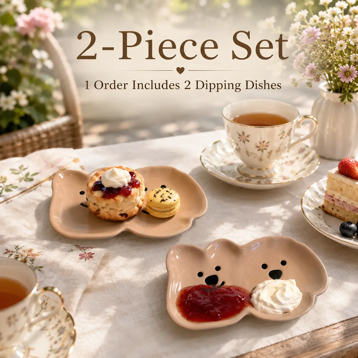 2-Pack Cute Dog Face Ceramic Dipping Dishes, Double-Compartment Sauce Plates for Ketchup, Mustard, Soy Sauce, Condiments, Snacks & Appetizers, Peach Beige