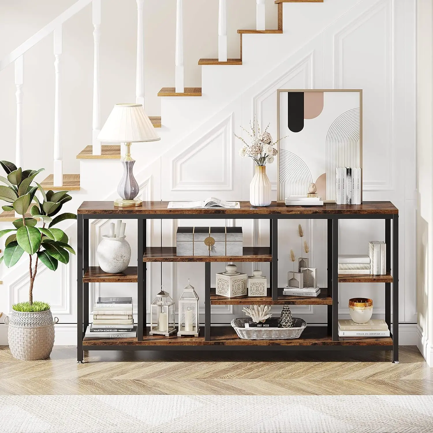 LITTLE TREE Console Sofa Table, 70.9 inch Extra Long Table Behind Couch with Storage Shelves, 3-Tier Industrial Narrow Entryway Hallway Accent Table for Living Room