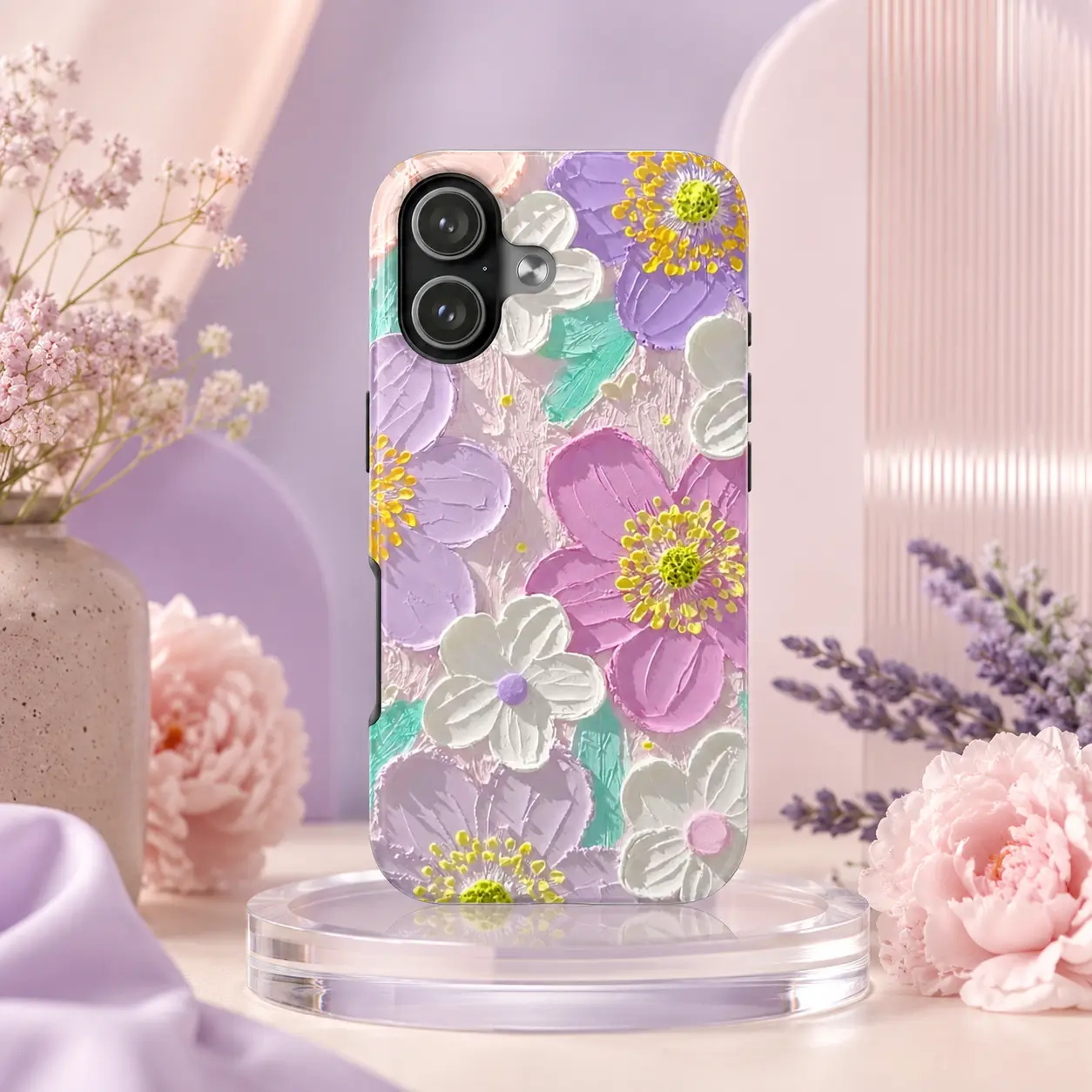 Pastel Floral Phone Case – Cute Lavender Pink Flower Design, Soft Garden Aesthetic Protective Case for iPhone