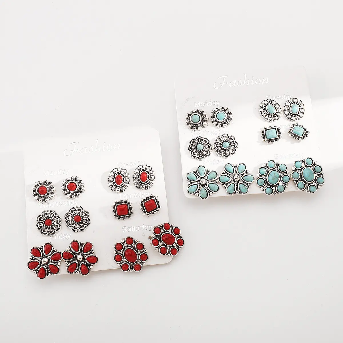 Classic Western Earring Sets for Women, 4-Pack Vintage Faux Turquoise & Red Stone Floral Stud and Hoop Earring Stack for Beach & Rodeo, Classic Western Earrings, Alloy