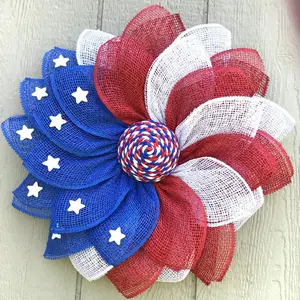 4th of July Patriotic Floral Wreath Red White Blue 3D Mesh Wreath Outdoor Porch Holiday Decor