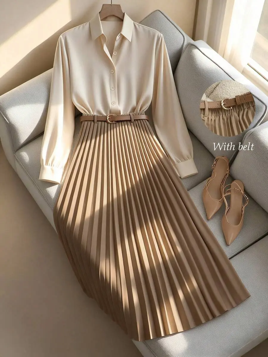 Women's 2-Piece Set Beige,Autumn,Ellegant,Tea Party Solid Long Sleeve Shirt With Pleated A-Line Maxi Skirt,Belt,Casual Commute Teacher Uniform Suit