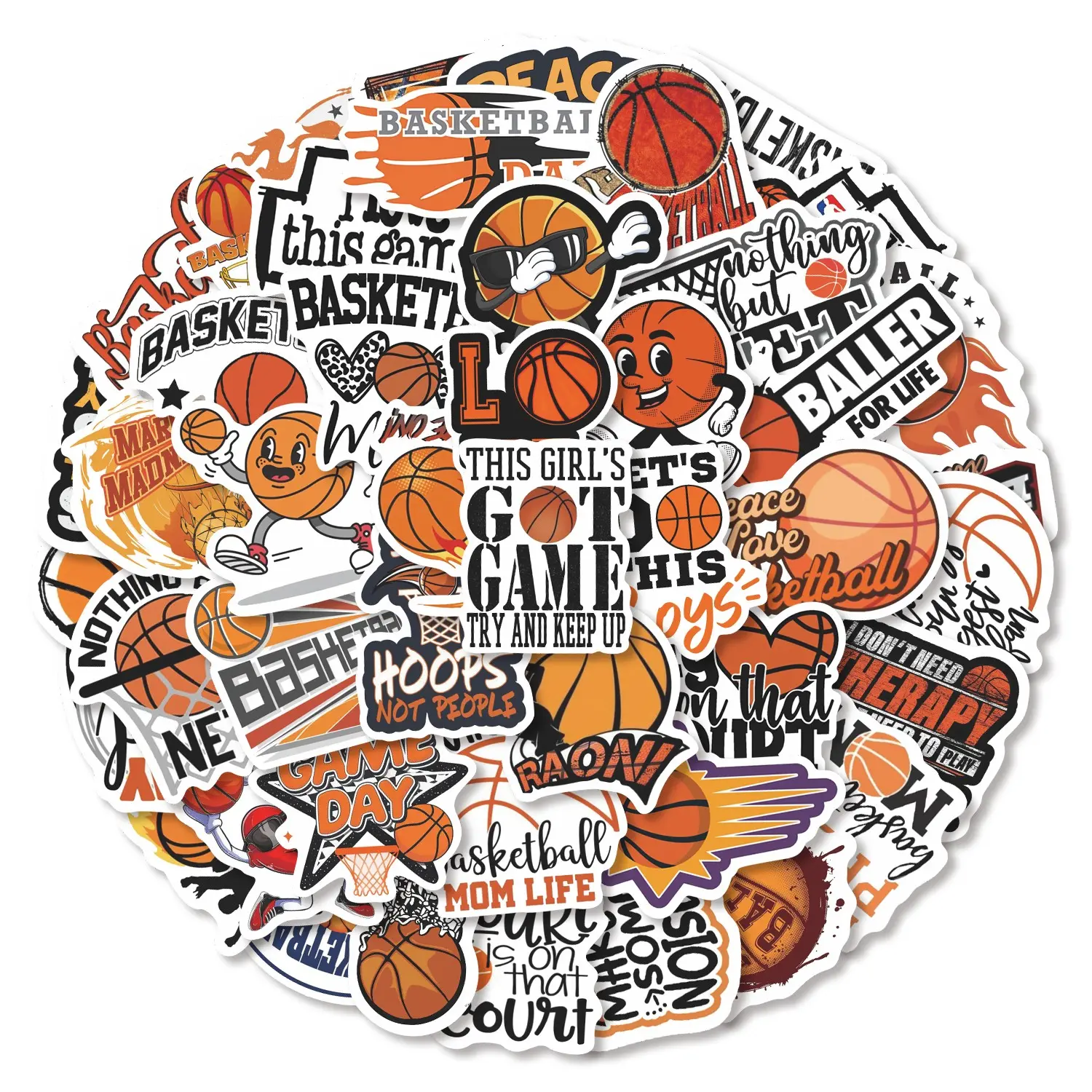 50pcs Basketball Sports Trendy Fun Stickers Pack, Waterproof Streetball & Hoop Fan Decals for Laptop, Water Bottle, Journal & Scrapbook, Basketball Lover Gift