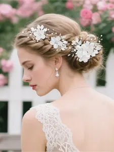 Bridal headpiece wedding ethereal white seashell flower hair clip handmade crystal updo hair comb hairpin set