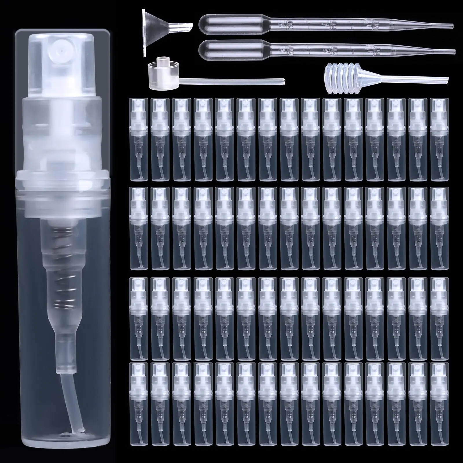 Pack of 60 Perfume Atomisers, 2 ml Mini Spray Bottle, Transparent Perfume Atomiser for Filling, Plastic Perfume Bottle, Small Bottle for On the Go