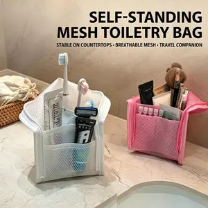 Freestanding Mesh Toiletry Bag, Quick Dry Foldable Shower Organizer Tote, Portable Bathroom Caddy for Dorm Gym Travel & Camping