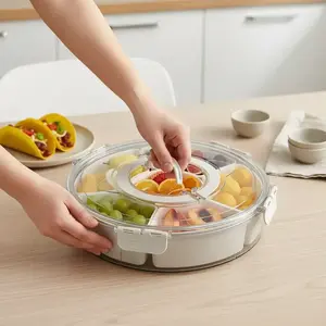 Rotating Snack Tray with Lid & Handle, Multi Compartment Fruit Veggie Serving Platter, Durable PP Material, Perfect for Tacos, Party, Travel, Snack Containers, Food Storage Organizer