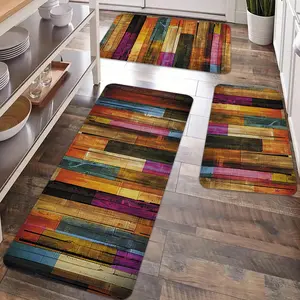2/3pcs Kitchen Anti-slip Floor Mat Set, Colorful Retro Wooden Board Printed Kitchen Anti-fatigue Floor Mat, Soft and Comfortable Flannel Anti-slip Floor Mat, Washable Runner Rugs, Suitable for Kitchen, Laundry Room, Bathroom Floor Mat