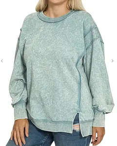 Zenana Acid Wash Terry Exposed Seam Sweatshirt
