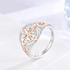 B Rose Gold Plated Witch’s Knot Ring, Original Celtic Knot Jewelry, Cubic Zirconia Decorated Witch Knot Ring, Witchtok Pagan Jewelry for Devotion and Protection, Valentine’s Day Gift