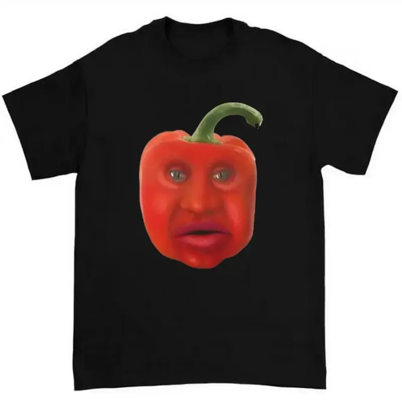 Men's Bold Print T-Shirt, Funny Red Pepper Meme Graphic, Cartoon Style Face Design, Casual Menswear Tops, Cartoon Humor