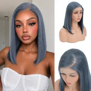 【Unique Color】CindiRiver 250% Density Misty Blue Color Bob Wig 5x5 HD Glueless Wig Human Hair Double Drawn 12 Inch Bob Wigs Side Part Blue Color Lace Front Wig Dark Blue Wig for Black Girls No Glue Needed & Easy to Install with Draw String