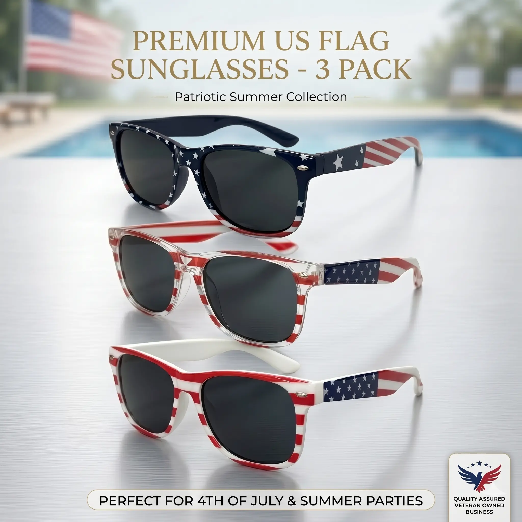 American Flag Sunglasses - 3 Pairs Patriotic Frame Eyewear - for 4th of July Party, Parades & Summer BBQ - Patriotic Accessories for Women Men & Teens - 3 Pack Set