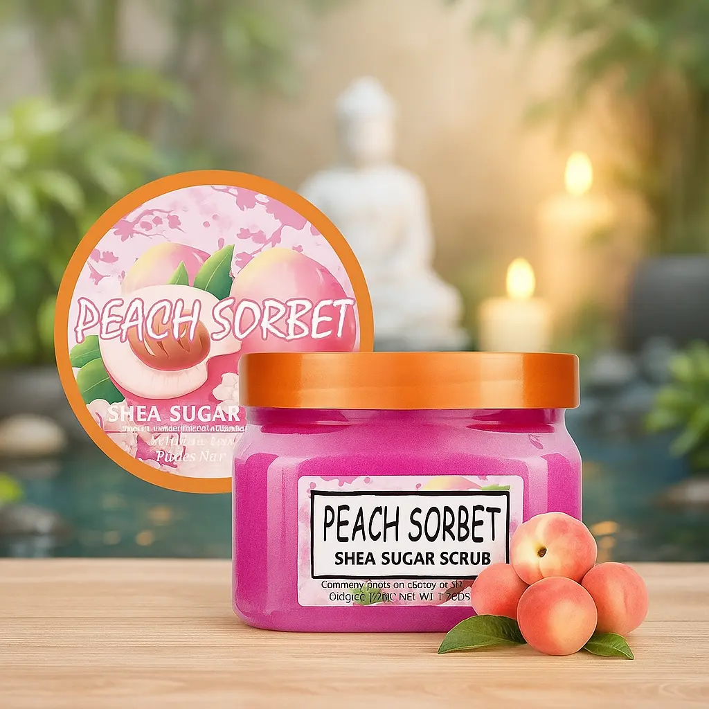 Peach Sorbet Shea Sugar Scrub with Glycerol for Smooth Skin Texture & Tangy Peach Scent Exfoliating Body Scrub for Spa-Like Ritual Exfoliating Body Duo Soothing