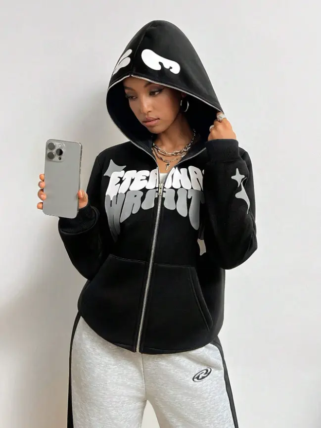 Women's Gothic Street Style Graphic Hoodie, Casual Long Sleeve Zip Up Polyester Top with Foam Letter Print, Stylish, Hoodies For Women, Zipper, Zip Up Hoodie, Digital Print