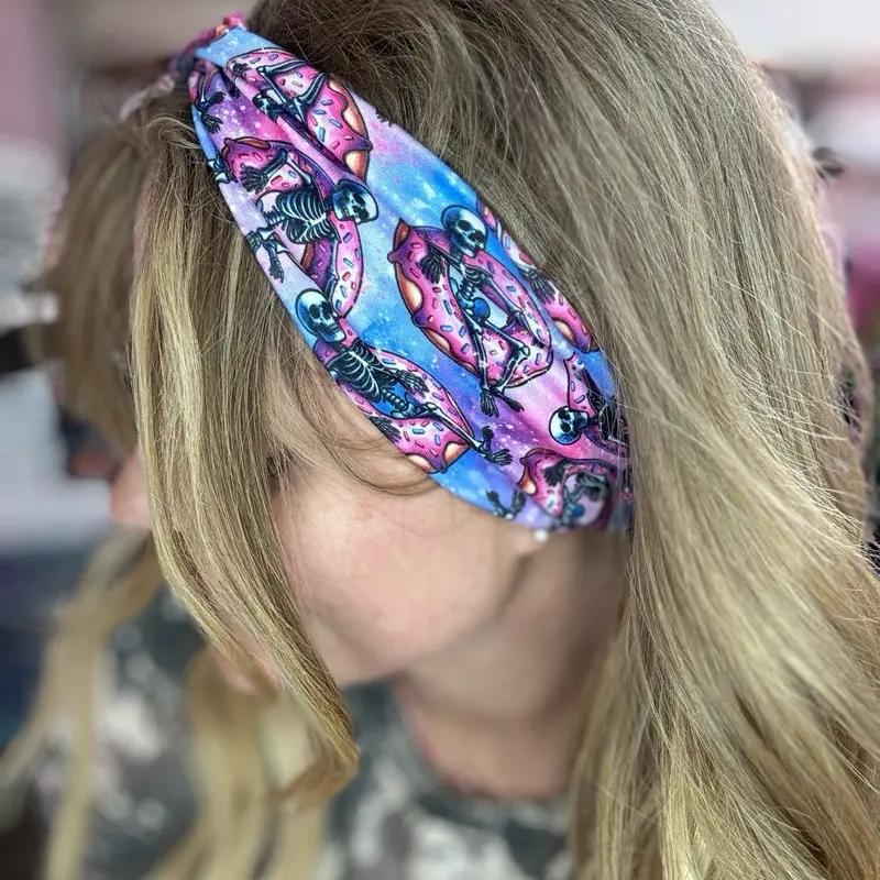 Buttery Soft Summer Skeleton Doughnut Front Knot Headband Stretchy Legging Material Hair Band for Everyday Outfits Workouts & Gym