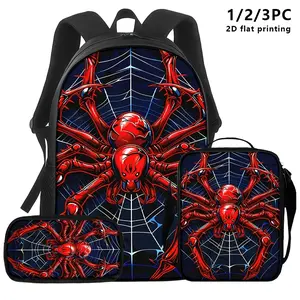 Men's Dark Sci-Fi Style Backpack, Shoulder Bag, Pouch Set - 1/2/3pcs with Red Spider-Web 2D Print - Ideal for Young Adults, Commuting, Streetwear