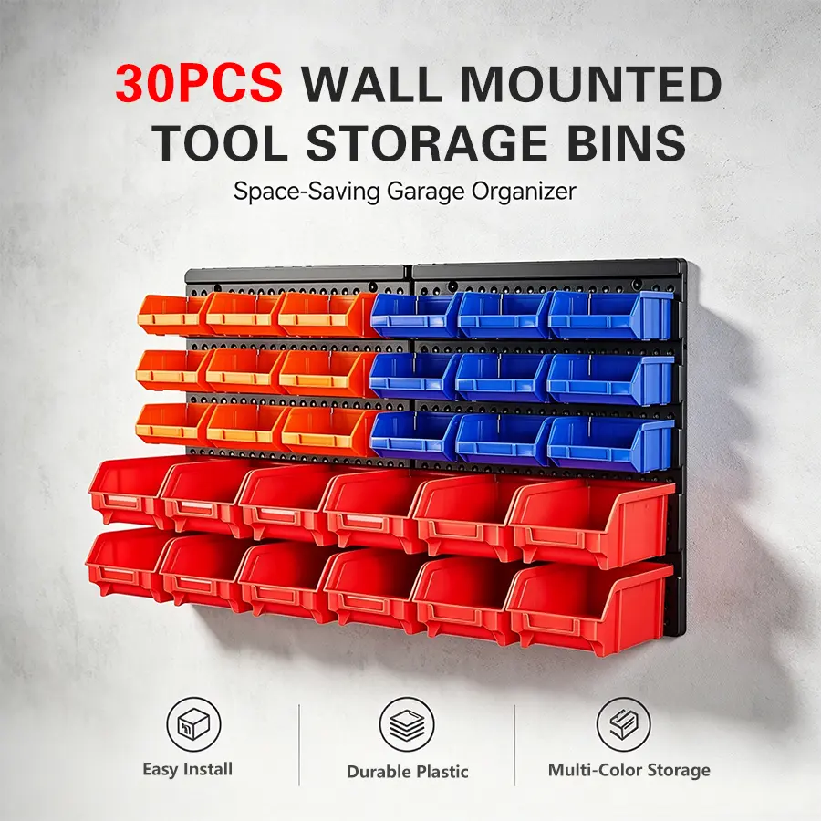 30-Bin Wall-Mounted Storage Rack System - Heavy-Duty Garage Tool Organizer for Screws, Nuts, Bolts, Nails, Beads, and Small Hardware Parts - Easy Installation and Customizable