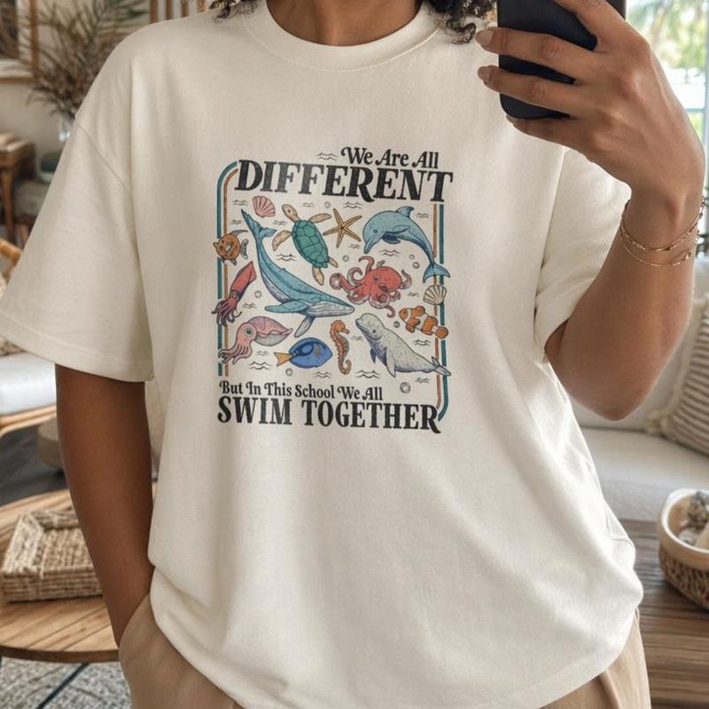 Inclusive Teacher Shirt Women Plus Size Ocean Animal Graphic Tee We Swim Together