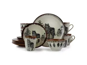 Elama Majestic Wolf 16 Piece Luxurious Stoneware Dinnerware with Complete Setting for 4