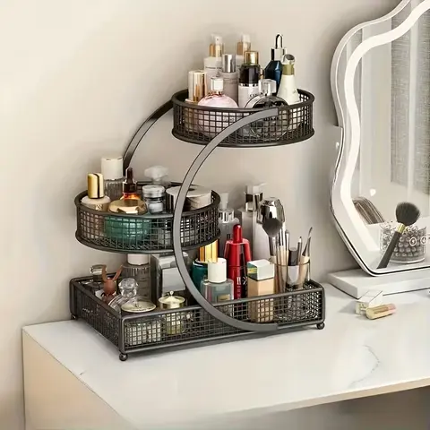 3-Tier Varnished Bronze Mesh Basket Home Organizer - No-Assembly Freestanding Spiral Metal Compact Vertical Storage Organization for Bathroom Vanity Makeup, Countertop Bath Storage Bins