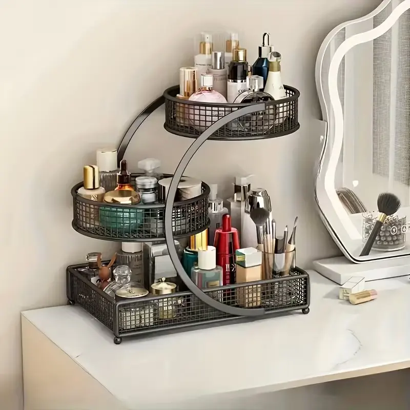 No-Assembly Spiral Metal Makeup Organizer 3-Tier Varnished Bronze Countertop Shelf with Mesh Baskets Space-Saving Freestanding Bathroom Vanity Storage for Lipstick Skincare Brushes & Bottles Compact Vertical Design