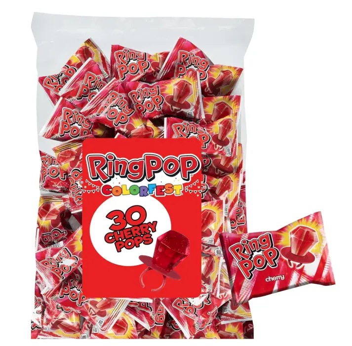 Ring Pop Red Candy Lollipops, 30 Ct Bulk Individually Wrapped in Red Cherry Flavor, Full Size, Fun Hard Candy For Birthday, Party Favors, Bachelorette Parties & Gifts For Kids