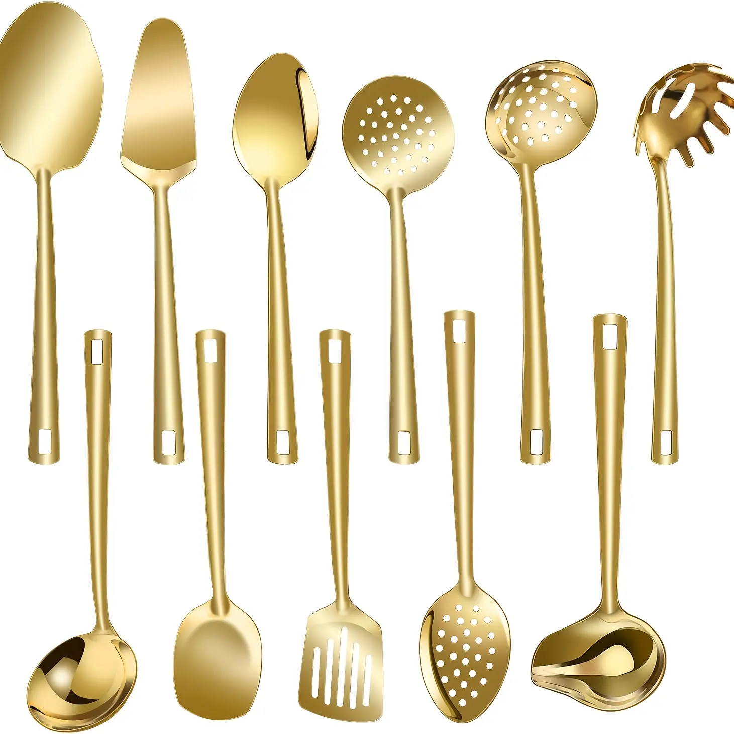 11PCS Gold Food-Grade Stainless Steel Kitchen Utensil Set - Heat Resistant Cooking Tools Including Spoon, Spatula, Ladle, Skimmer & Pasta Server