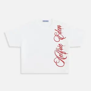 Aelfric Eden Red Gothic Script Boxy Tee  Vertical Side Script Print Detail Y2K Vintage Streetwear Unisex Top